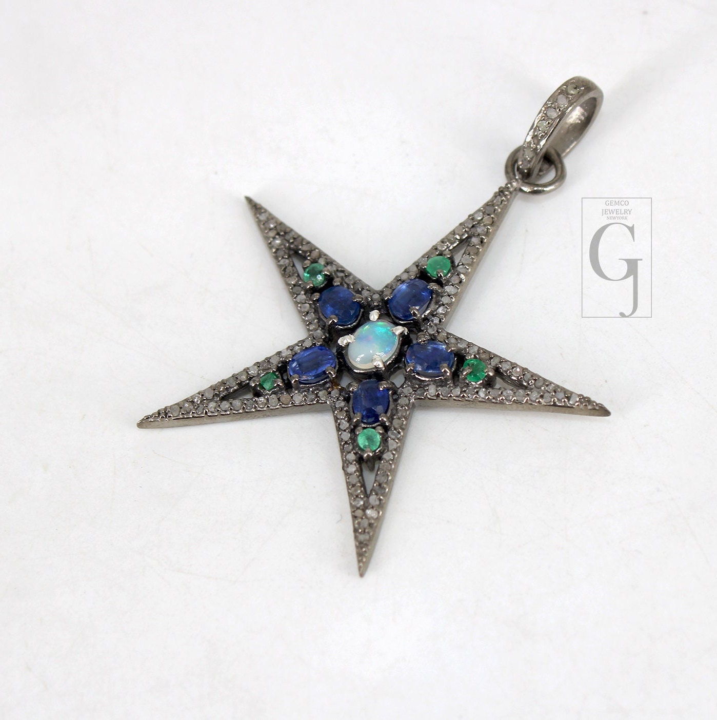 Opal  Emerald Kyanite Star Pendant Designer Rosecut Pave Diamond Pendant 925 Sterling Silver Handmade Finish Diamond Charms Necklace Pendant