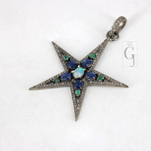 Opal  Emerald Kyanite Star Pendant Designer Rosecut Pave Diamond Pendant 925 Sterling Silver Handmade Finish Diamond Charms Necklace Pendant