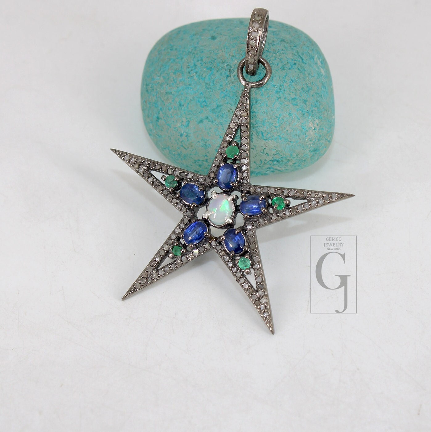 Opal  Emerald Kyanite Star Pendant Designer Rosecut Pave Diamond Pendant 925 Sterling Silver Handmade Finish Diamond Charms Necklace Pendant