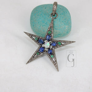 Opal  Emerald Kyanite Star Pendant Designer Rosecut Pave Diamond Pendant 925 Sterling Silver Handmade Finish Diamond Charms Necklace Pendant