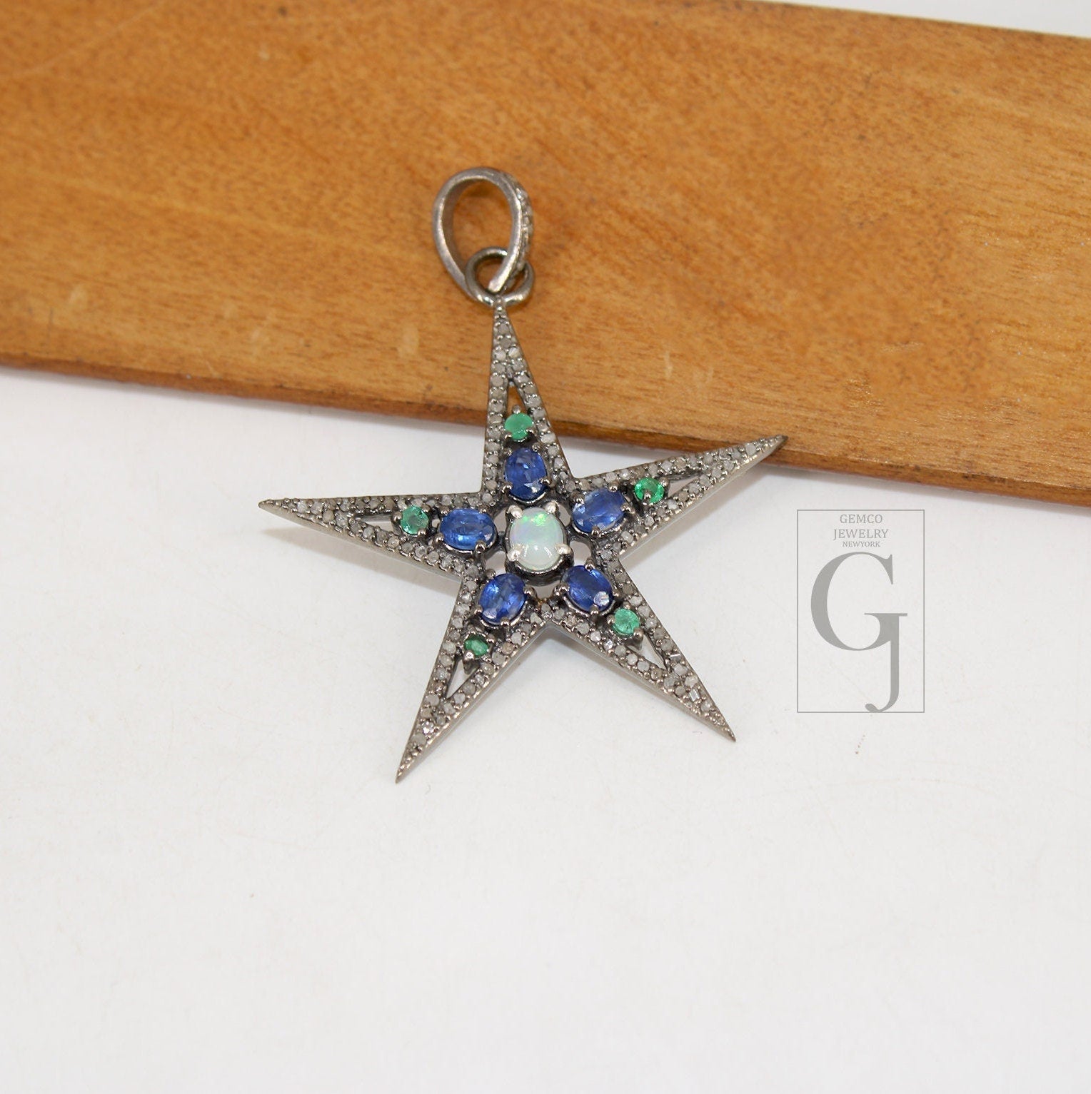 Opal  Emerald Kyanite Star Pendant Designer Rosecut Pave Diamond Pendant 925 Sterling Silver Handmade Finish Diamond Charms Necklace Pendant