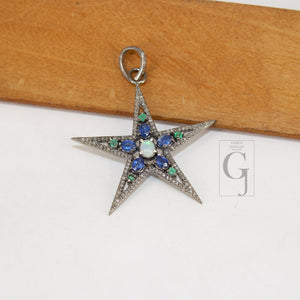 Opal  Emerald Kyanite Star Pendant Designer Rosecut Pave Diamond Pendant 925 Sterling Silver Handmade Finish Diamond Charms Necklace Pendant