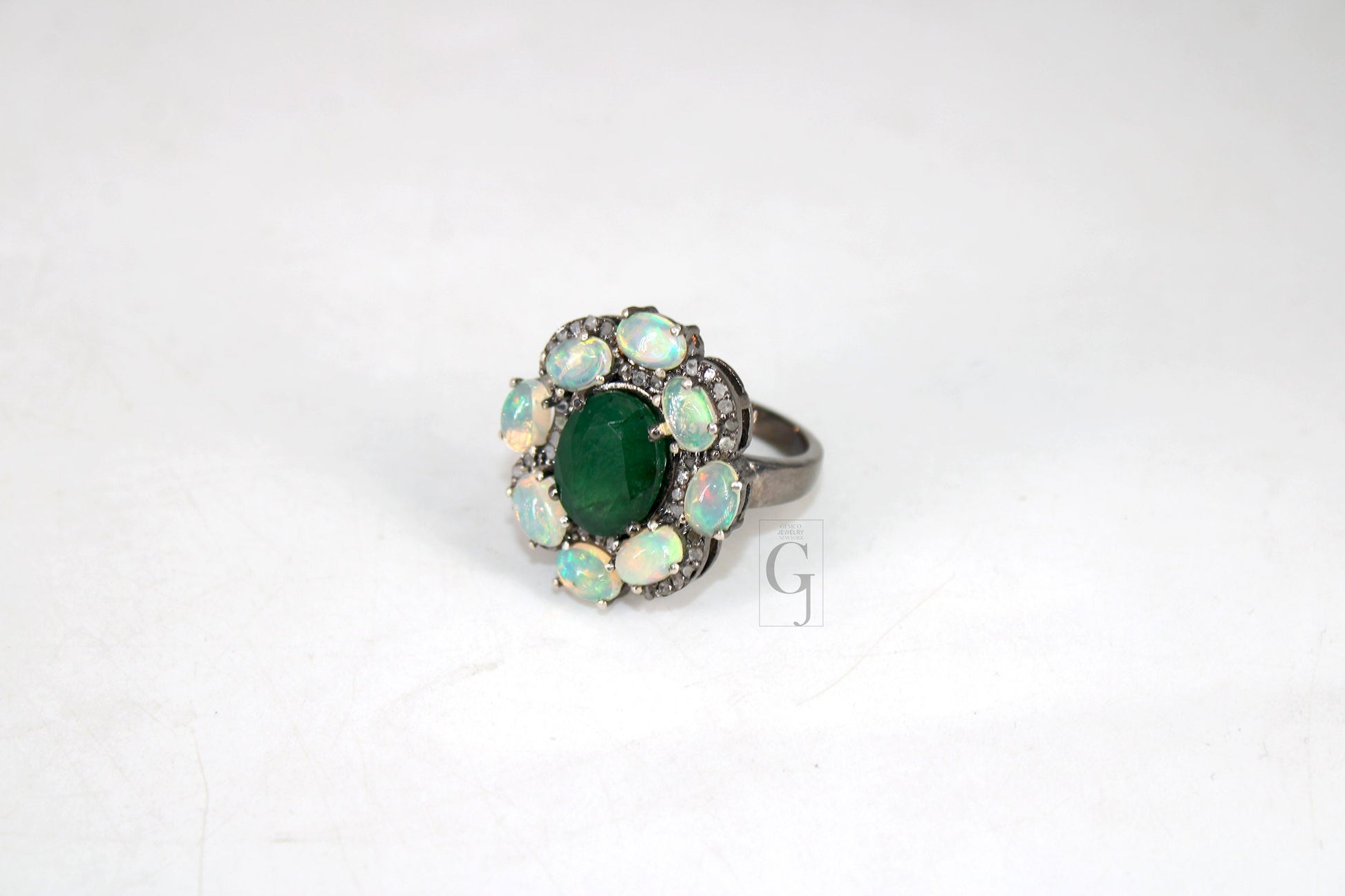 Designer Look Oxidized Finish Opal Emerald Ring Designer Rosecut Pave Diamond Rings 925 Sterling Silver Handmade Finish Diamond Ring