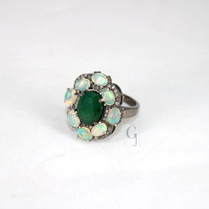 Designer Look Oxidized Finish Opal Emerald Ring Designer Rosecut Pave Diamond Rings 925 Sterling Silver Handmade Finish Diamond Ring