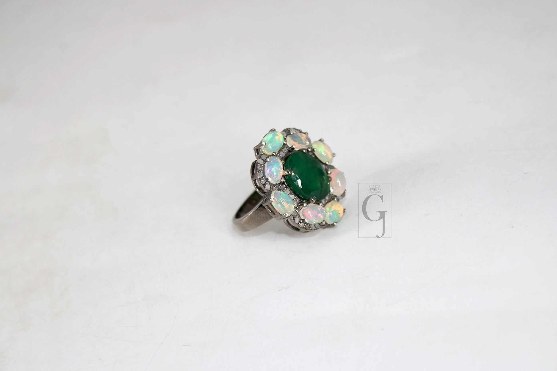 Designer Look Oxidized Finish Opal Emerald Ring Designer Rosecut Pave Diamond Rings 925 Sterling Silver Handmade Finish Diamond Ring