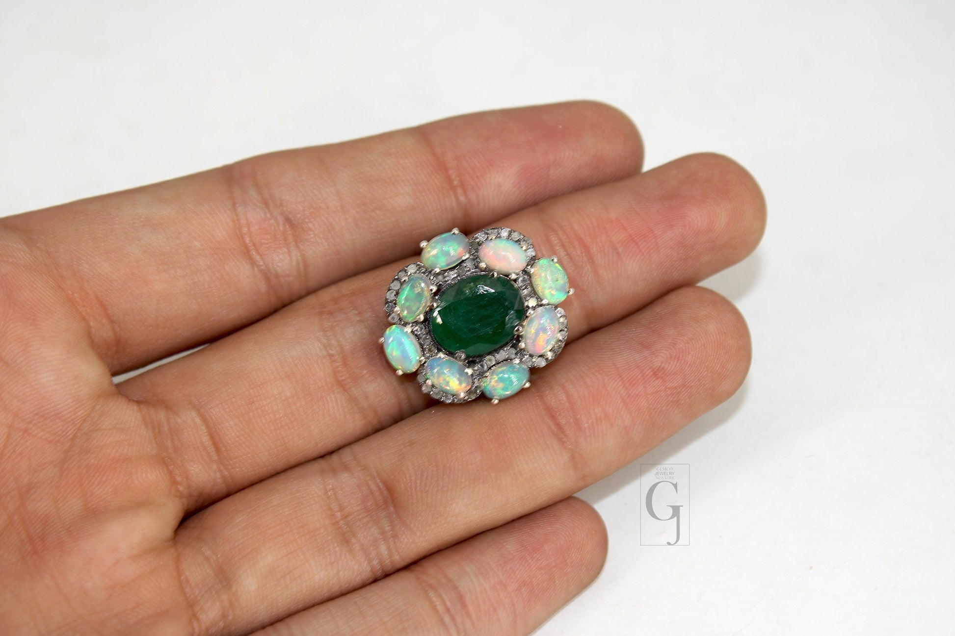 Designer Look Oxidized Finish Opal Emerald Ring Designer Rosecut Pave Diamond Rings 925 Sterling Silver Handmade Finish Diamond Ring