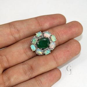 Designer Look Oxidized Finish Opal Emerald Ring Designer Rosecut Pave Diamond Rings 925 Sterling Silver Handmade Finish Diamond Ring