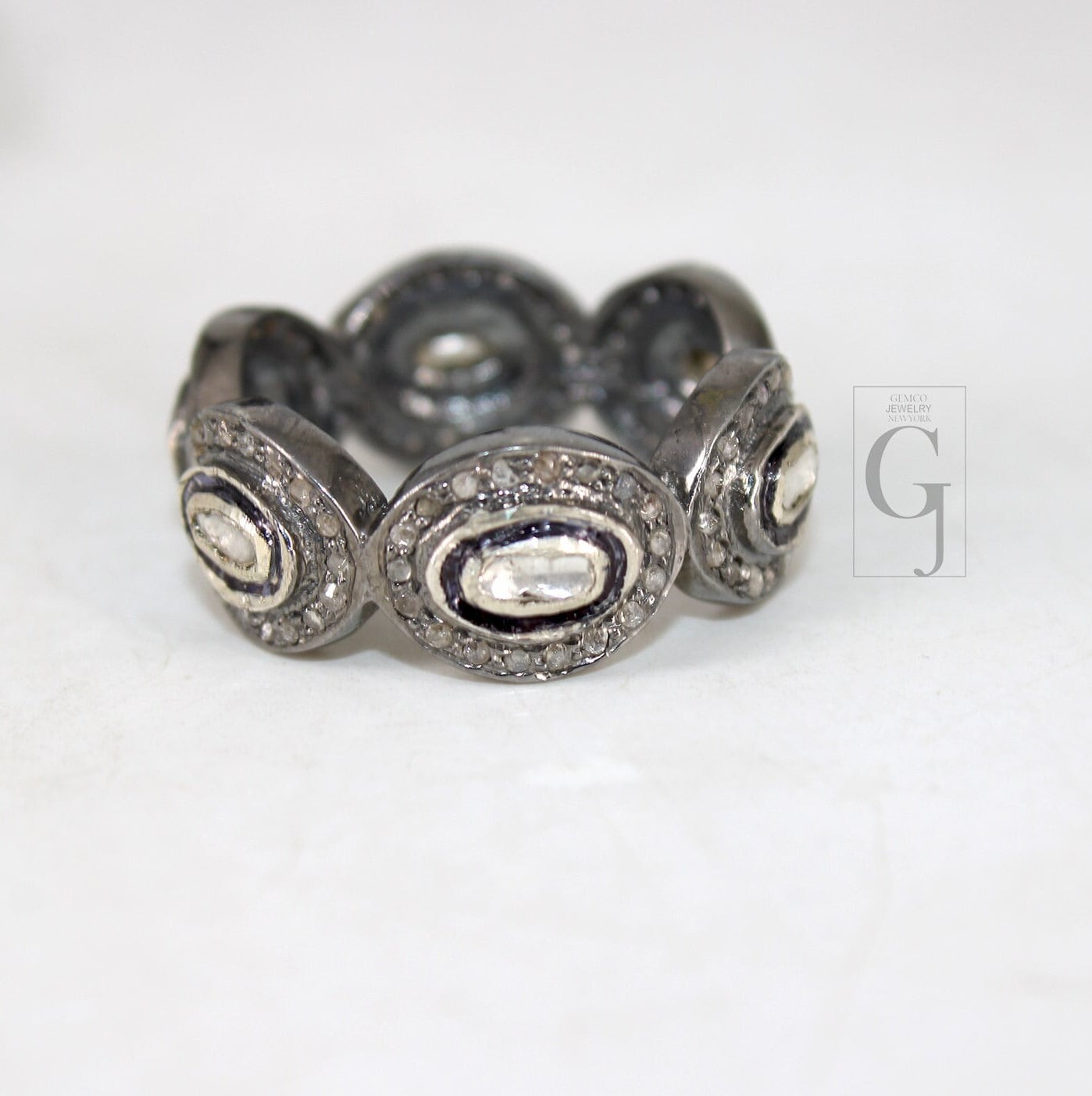 Antique Oxidized  Look Polki Ring Designer Rosecut Pave Diamond Rings 925 Sterling Silver Handmade Silver Finish Diamond Slice Ring Band