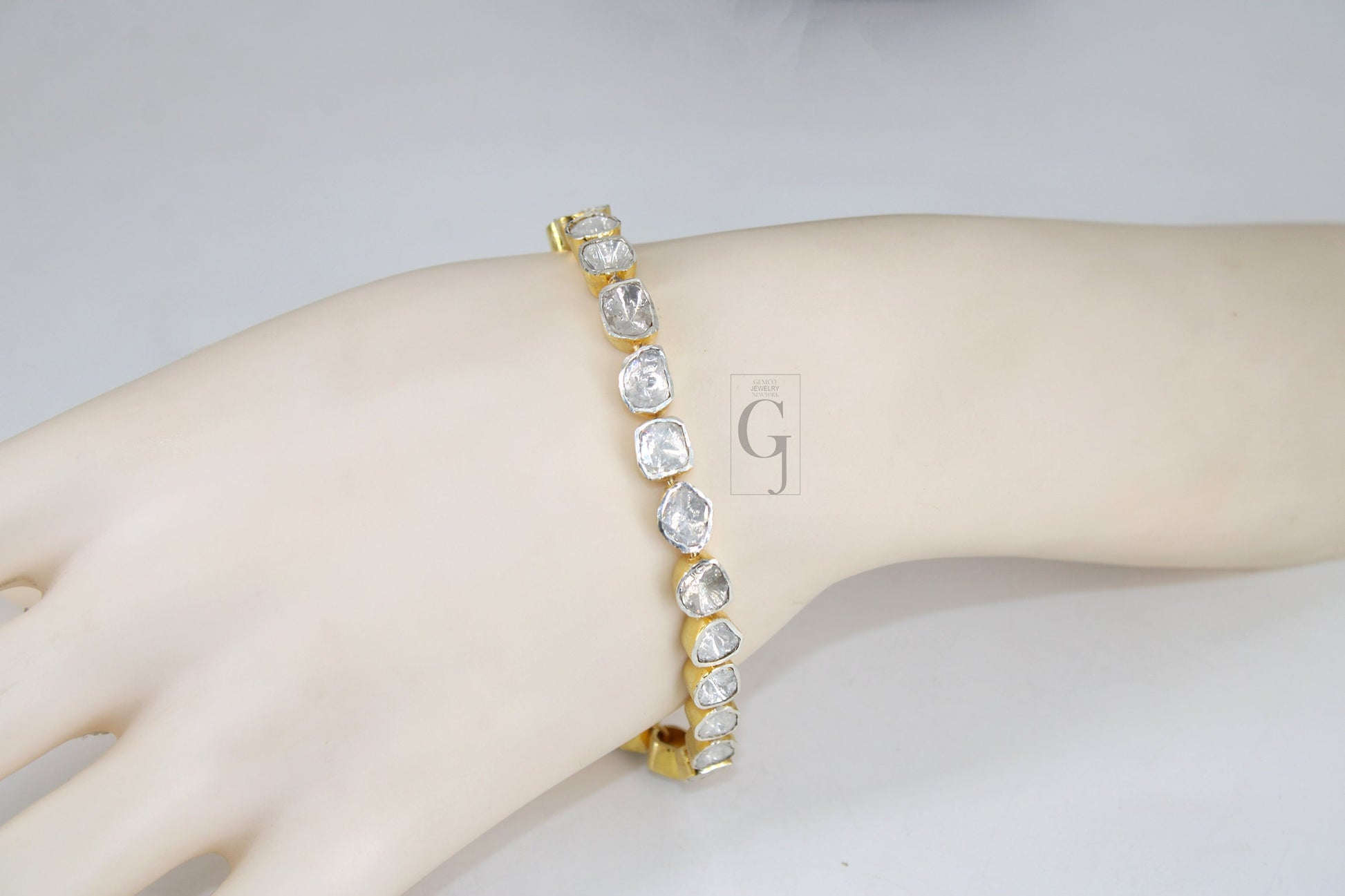 14k Gold Finish Polki Flat Diamond Tennis Bracelet Rosecut Pave Diamond Bracelet 925 Sterling Silver Handmade Finish Diamond Bangle Bracelet