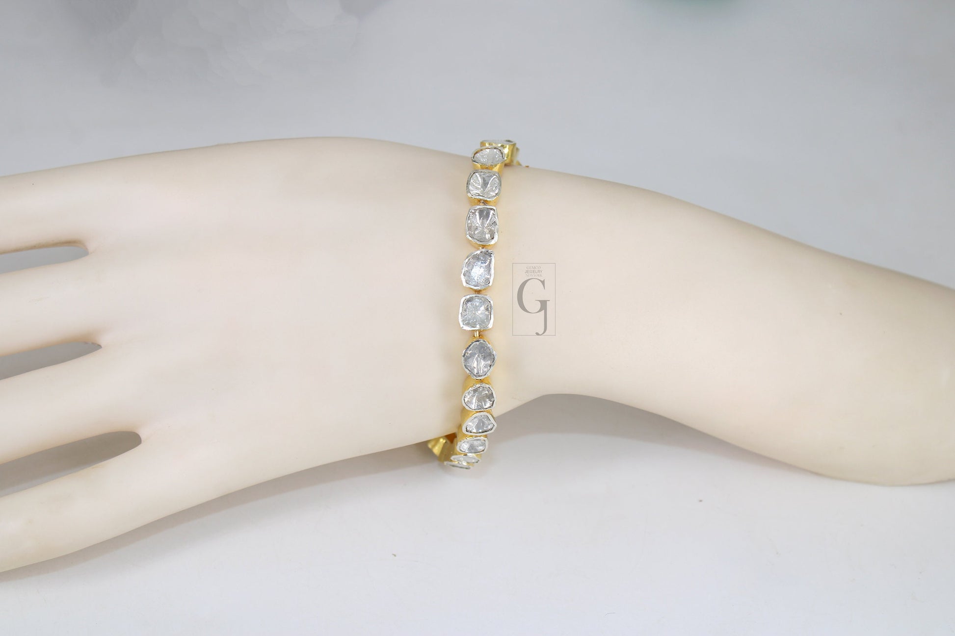 14k Gold Finish Polki Flat Diamond Tennis Bracelet Rosecut Pave Diamond Bracelet 925 Sterling Silver Handmade Finish Diamond Bangle Bracelet