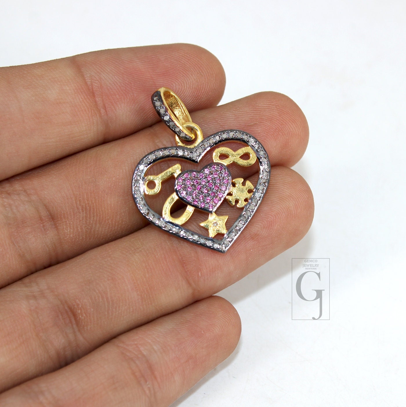 Beautiful Love Luck Designer Pendant Rosecut Pave Diamond Pendant 925 Sterling Silver Handmade Finish Diamond Charms Necklace Pendant