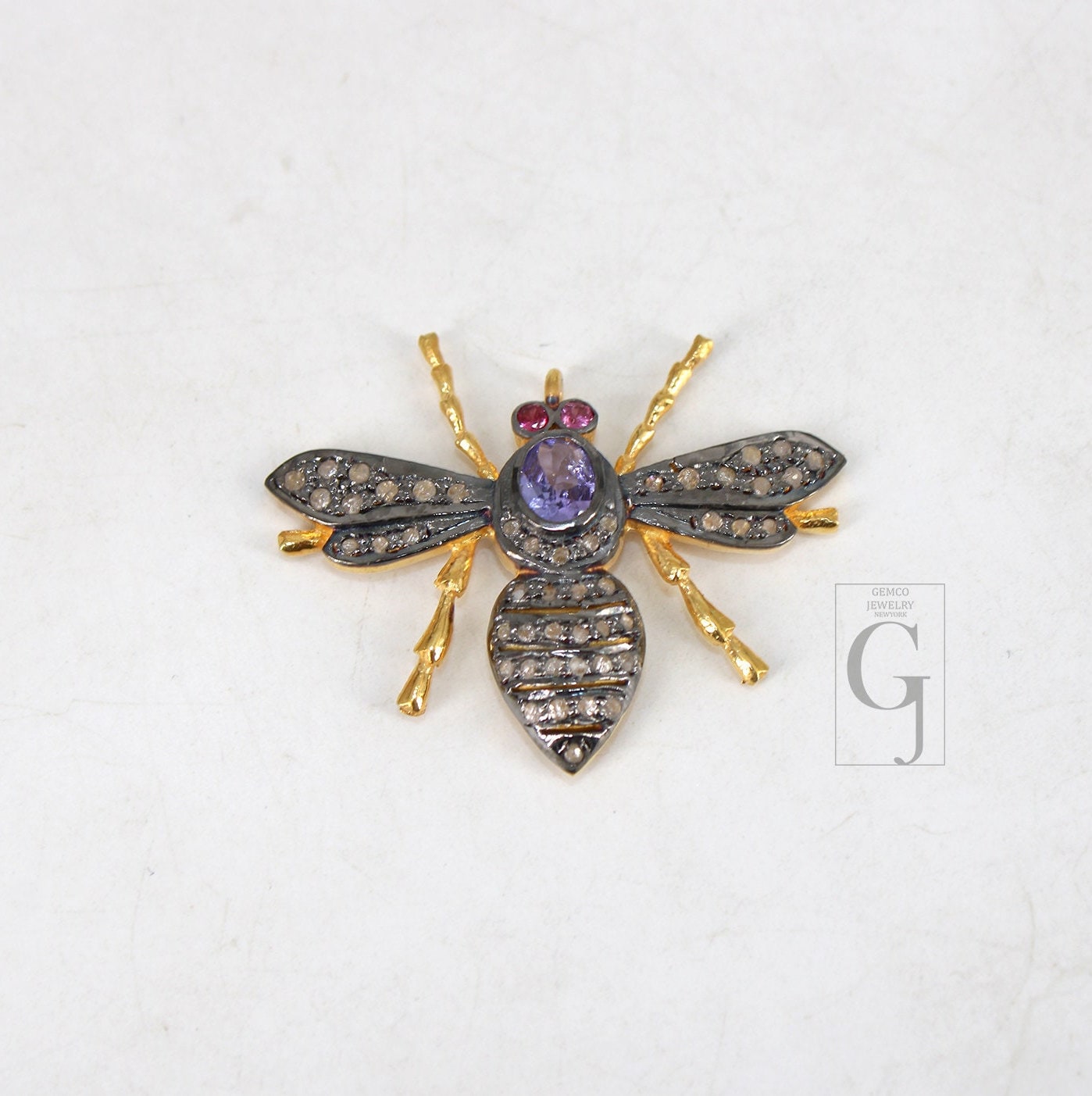Beautiful Tanzanite Designer Bee Pendant Rosecut Pave Diamond Pendant 925 Sterling Silver Handmade Finish Diamond Jewelry Necklace Pendant