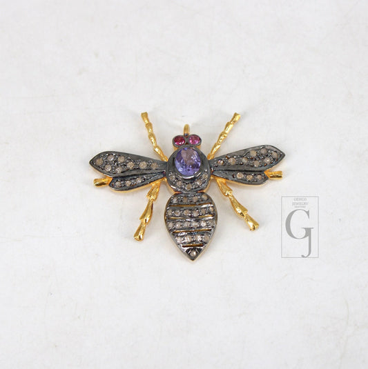 Beautiful Tanzanite Designer Bee Pendant Rosecut Pave Diamond Pendant 925 Sterling Silver Handmade Finish Diamond Jewelry Necklace Pendant