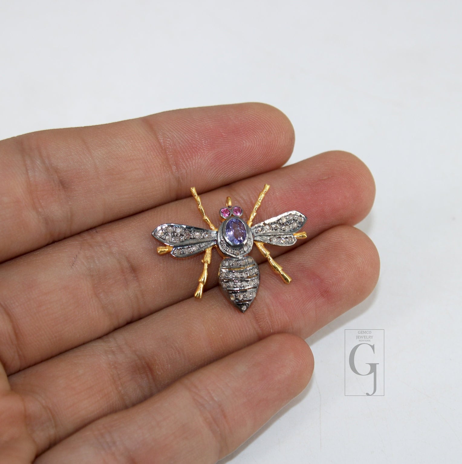 Beautiful Tanzanite Designer Bee Pendant Rosecut Pave Diamond Pendant 925 Sterling Silver Handmade Finish Diamond Jewelry Necklace Pendant