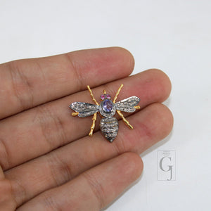 Beautiful Tanzanite Designer Bee Pendant Rosecut Pave Diamond Pendant 925 Sterling Silver Handmade Finish Diamond Jewelry Necklace Pendant
