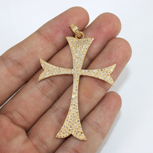14k Gold Finish Cross Pendant Pave Diamond 925 Sterling Silver Cross Design Beautiful Fashionable Design Pendent Jewelry Supplies