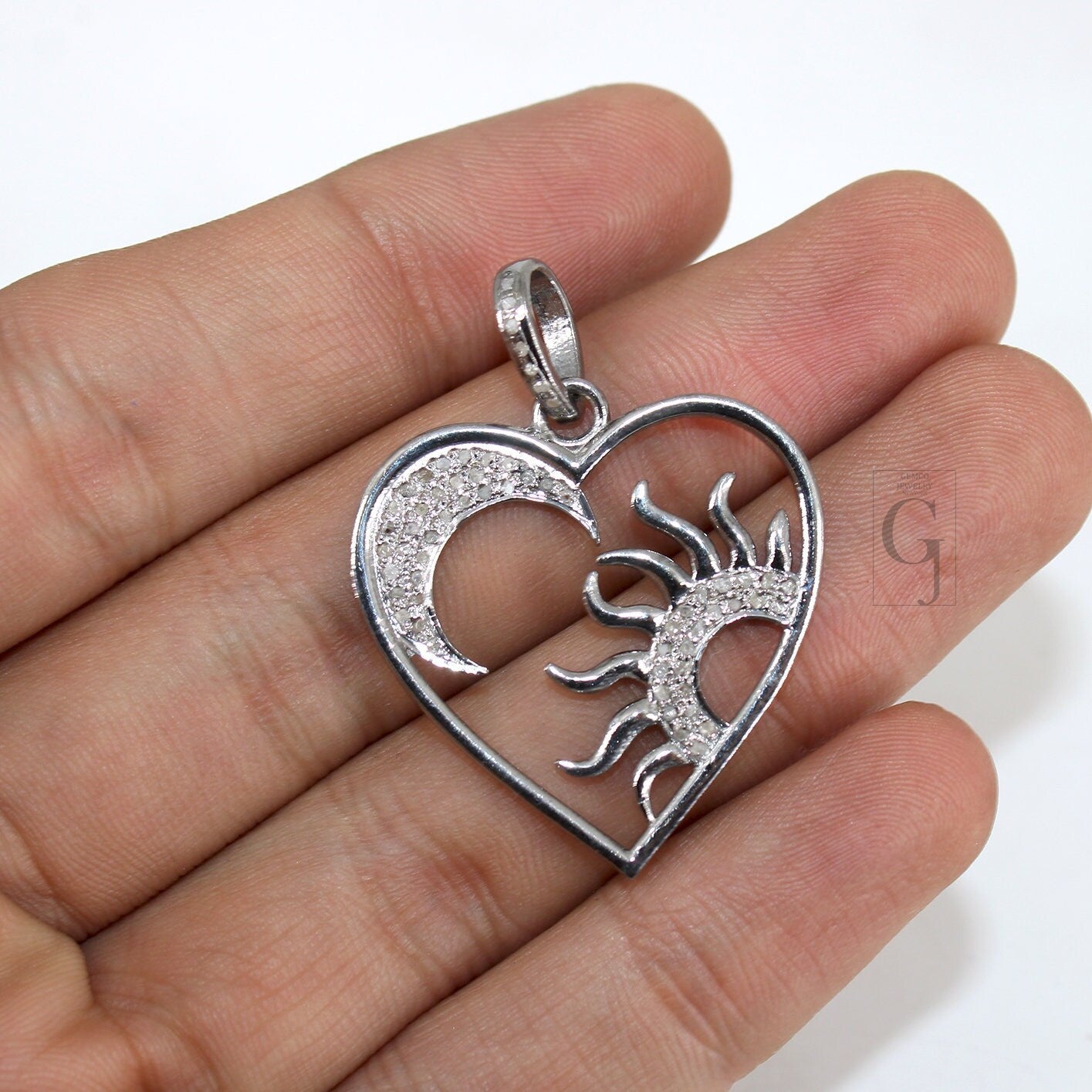 Heart shape moon and sun pendant designer Rosecut pave diamond pendant 925 sterling silver handmade finish diamond charms necklace pendant