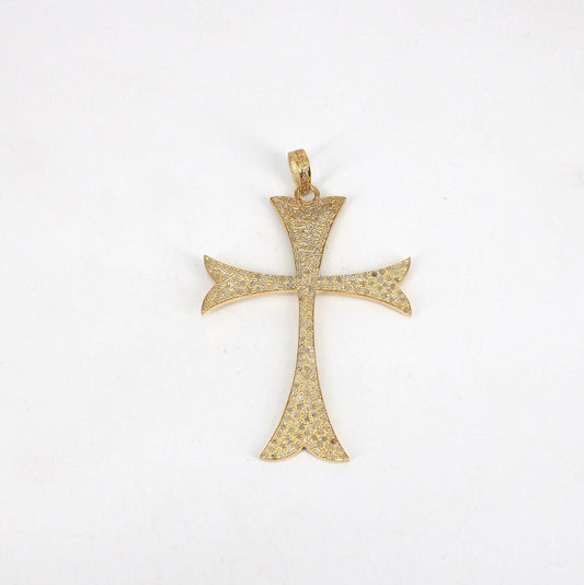 14k Gold Finish Cross Pendant Pave Diamond 925 Sterling Silver Cross Design Beautiful Fashionable Design Pendent Jewelry Supplies