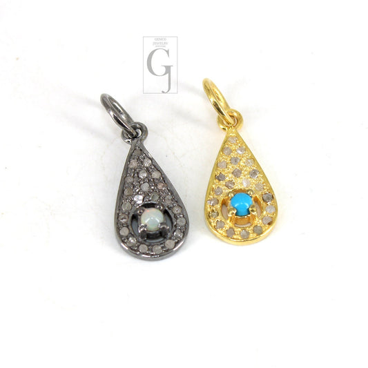 Tear Drop pendant Opal turquoise designer Rosecut pave diamond pendant 925 sterling silver handmade finish diamond charm necklace pendant