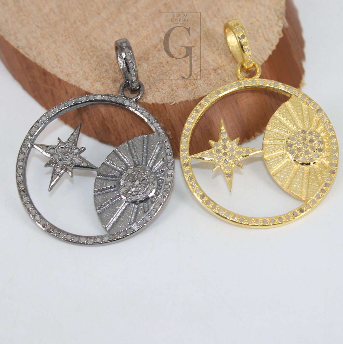 Beautiful Sun And Star Pendant Designer Rosecut Pave Diamond Pendant 925 Sterling Silver Handmade Finish Diamond Charms Necklace Pendant