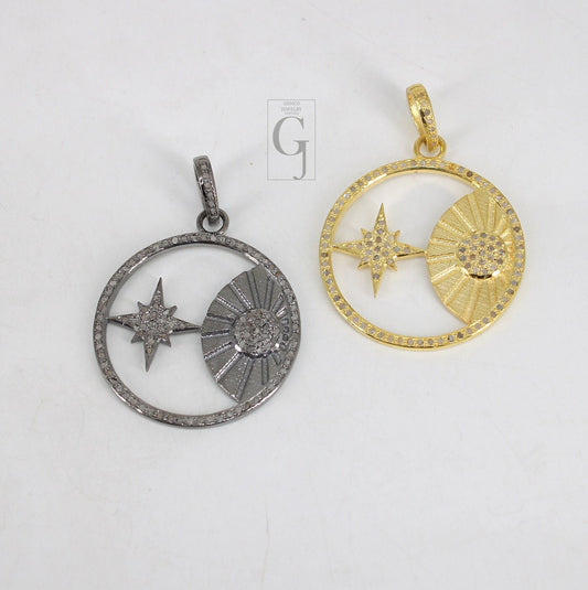 Beautiful Sun And Star Pendant Designer Rosecut Pave Diamond Pendant 925 Sterling Silver Handmade Finish Diamond Charms Necklace Pendant