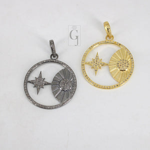 Beautiful Sun And Star Pendant Designer Rosecut Pave Diamond Pendant 925 Sterling Silver Handmade Finish Diamond Charms Necklace Pendant