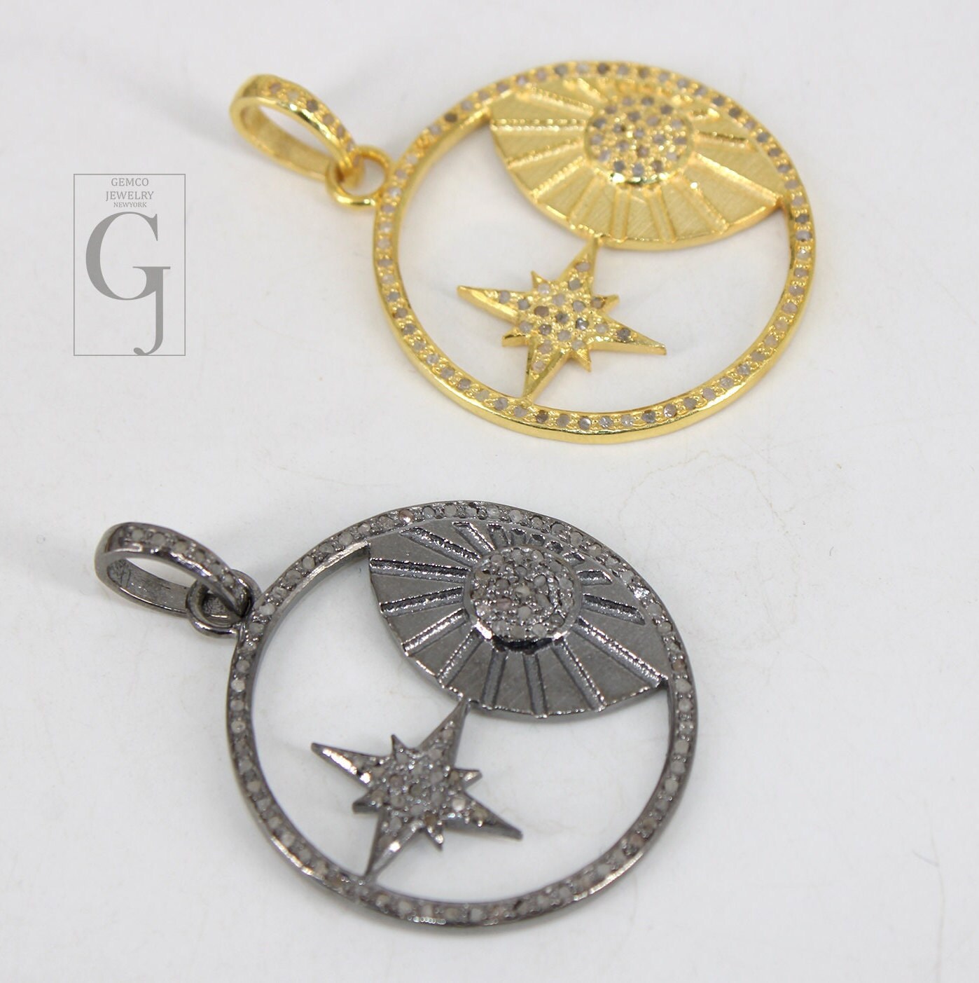 Beautiful Sun And Star Pendant Designer Rosecut Pave Diamond Pendant 925 Sterling Silver Handmade Finish Diamond Charms Necklace Pendant