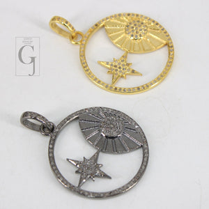 Beautiful Sun And Star Pendant Designer Rosecut Pave Diamond Pendant 925 Sterling Silver Handmade Finish Diamond Charms Necklace Pendant
