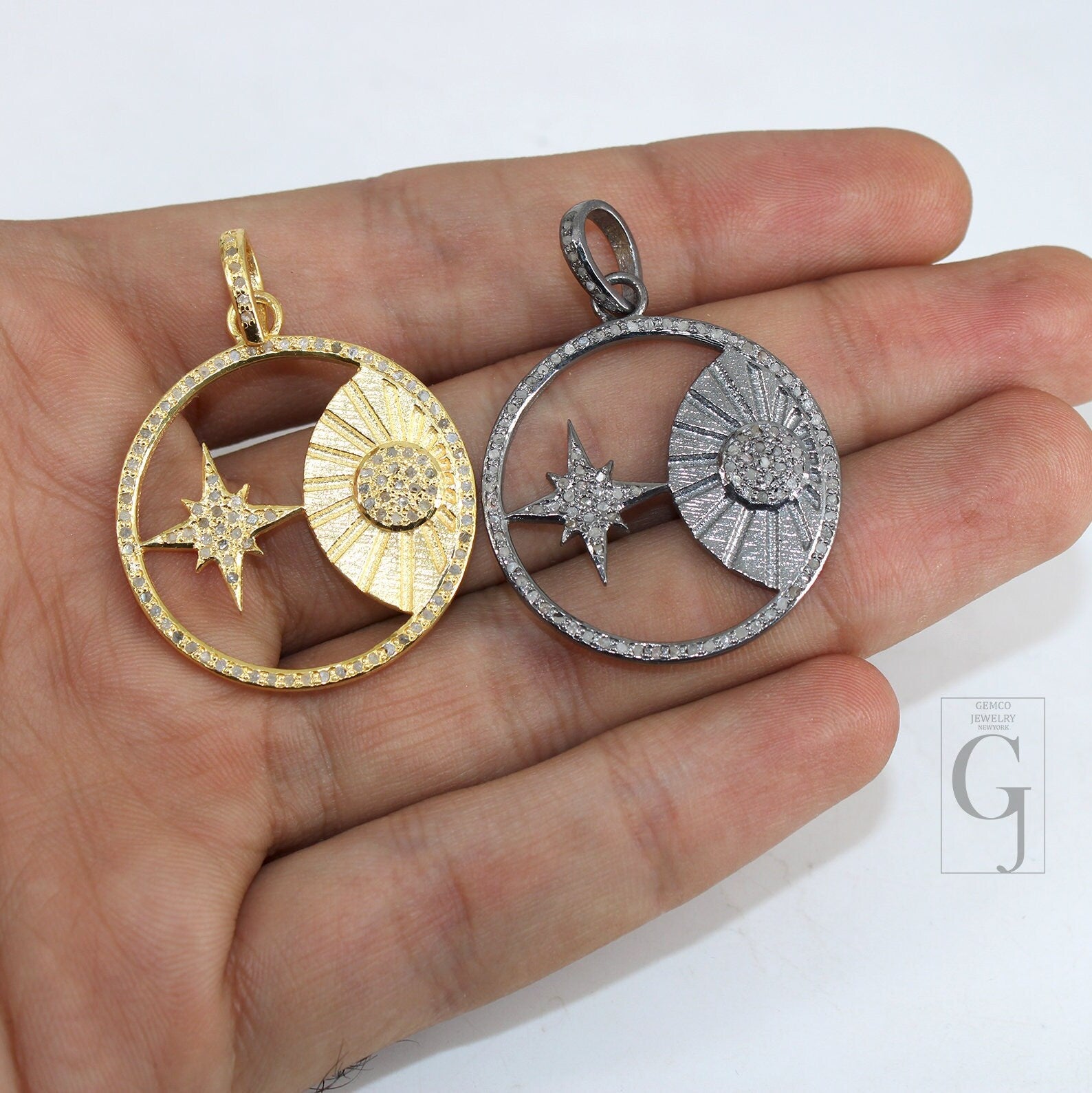 Beautiful Sun And Star Pendant Designer Rosecut Pave Diamond Pendant 925 Sterling Silver Handmade Finish Diamond Charms Necklace Pendant