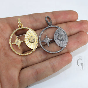 Beautiful Sun And Star Pendant Designer Rosecut Pave Diamond Pendant 925 Sterling Silver Handmade Finish Diamond Charms Necklace Pendant