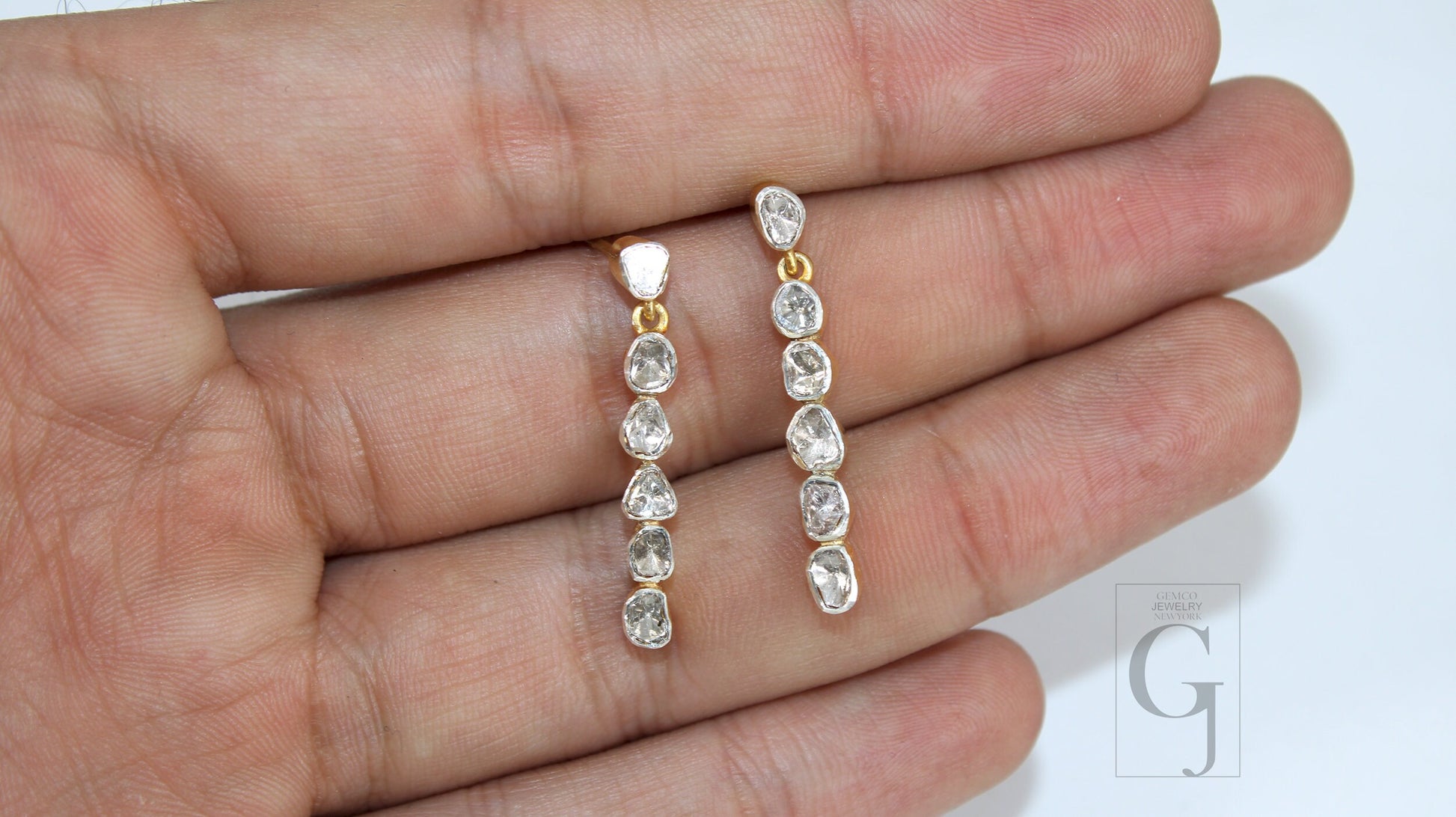 14k Gold Finish Polki Connecting Designer Earring Rosecut Pave Diamond Earrings 925 Sterling Silver Handmade Silver Finish Diamond Earring