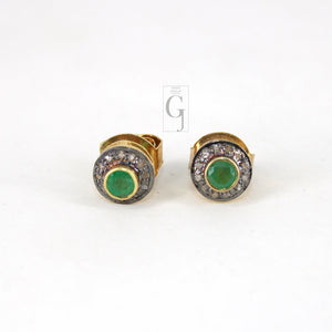 14k gold Emerald earring studs Pave rosecut diamond 925 sterling silver handmade very beautiful diamond pave studs earrings jewelry