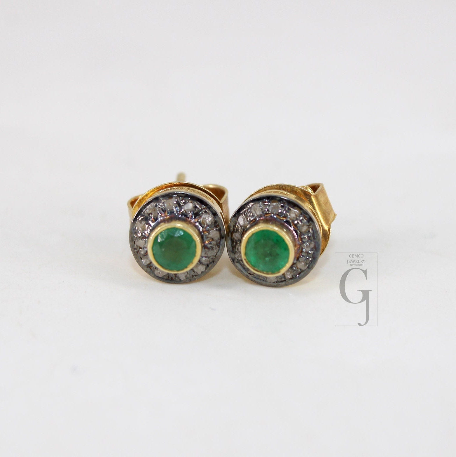 14k gold Emerald earring studs Pave rosecut diamond 925 sterling silver handmade very beautiful diamond pave studs earrings jewelry