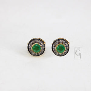 14k gold Emerald earring studs Pave rosecut diamond 925 sterling silver handmade very beautiful diamond pave studs earrings jewelry