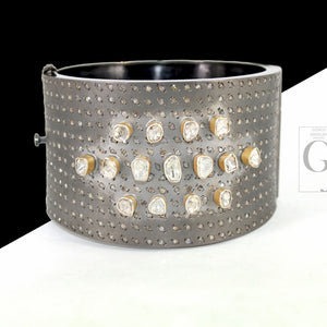 Antique Look Polki Bangle Bracelet Designer Rosecut Pave Diamond Bangle 925 Sterling Silver Handmade Finish Flat Diamond Bangle Bracelet