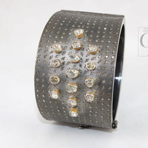 Antique Look Polki Bangle Bracelet Designer Rosecut Pave Diamond Bangle 925 Sterling Silver Handmade Finish Flat Diamond Bangle Bracelet