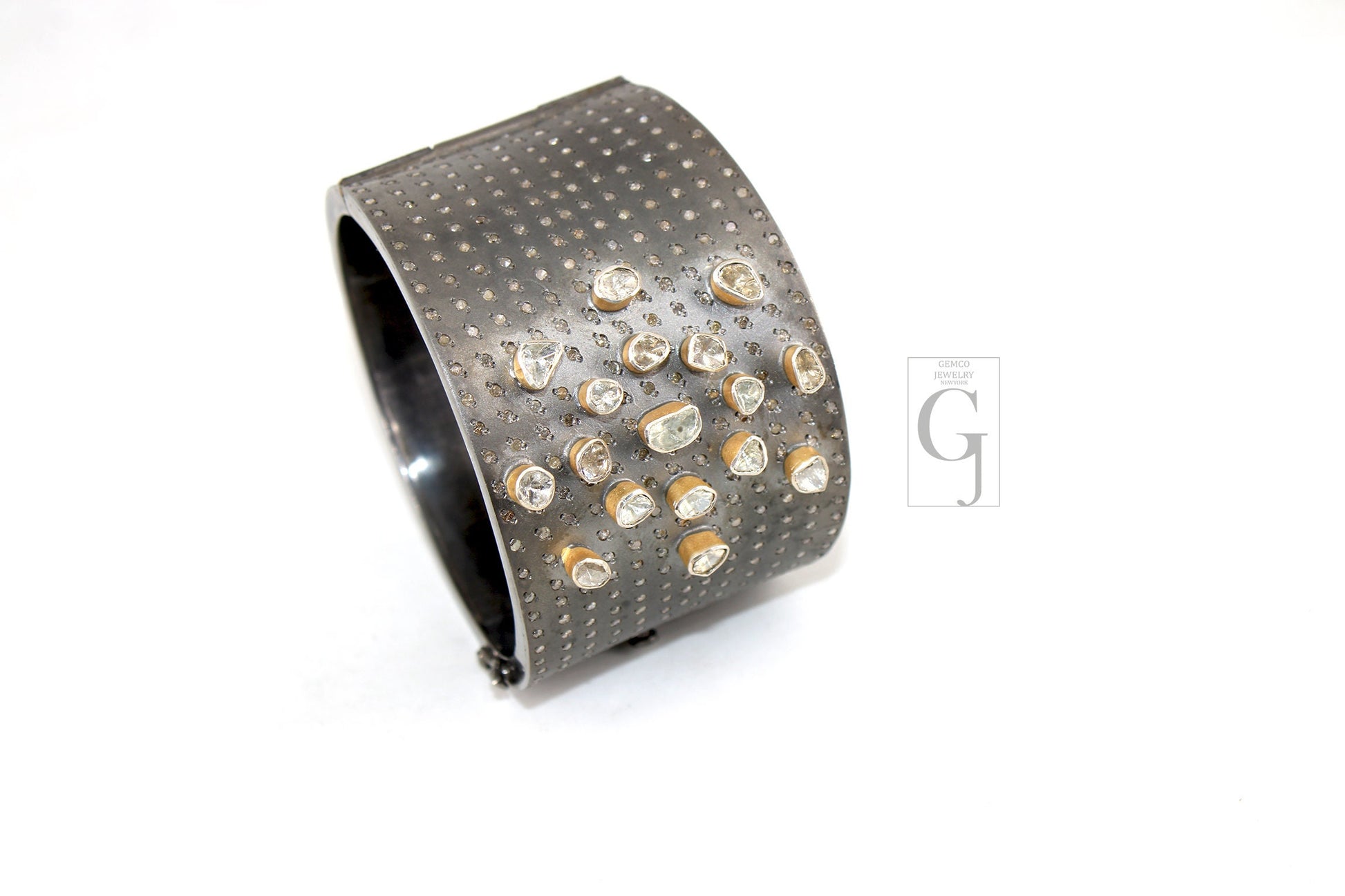 Antique Look Polki Bangle Bracelet Designer Rosecut Pave Diamond Bangle 925 Sterling Silver Handmade Finish Flat Diamond Bangle Bracelet