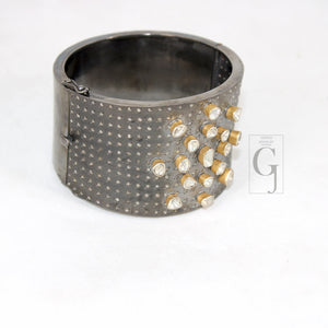Antique Look Polki Bangle Bracelet Designer Rosecut Pave Diamond Bangle 925 Sterling Silver Handmade Finish Flat Diamond Bangle Bracelet