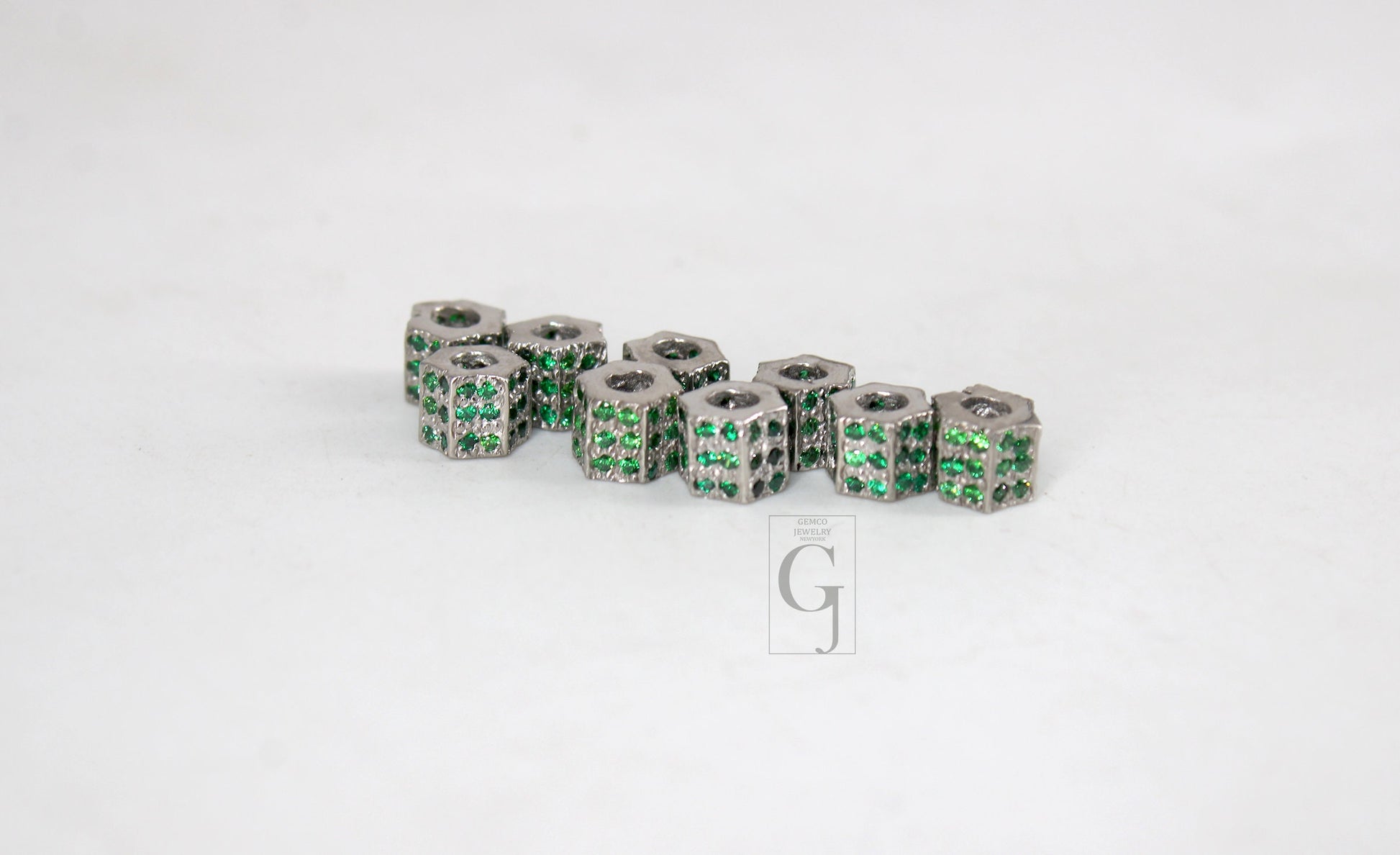 Pave Rosecut Emerald Color Stone 925 Sterling Silver Handmade Pave Emerald Green Stone Rondelles / Bead 6mm 3 Line Diamond Design Spacers