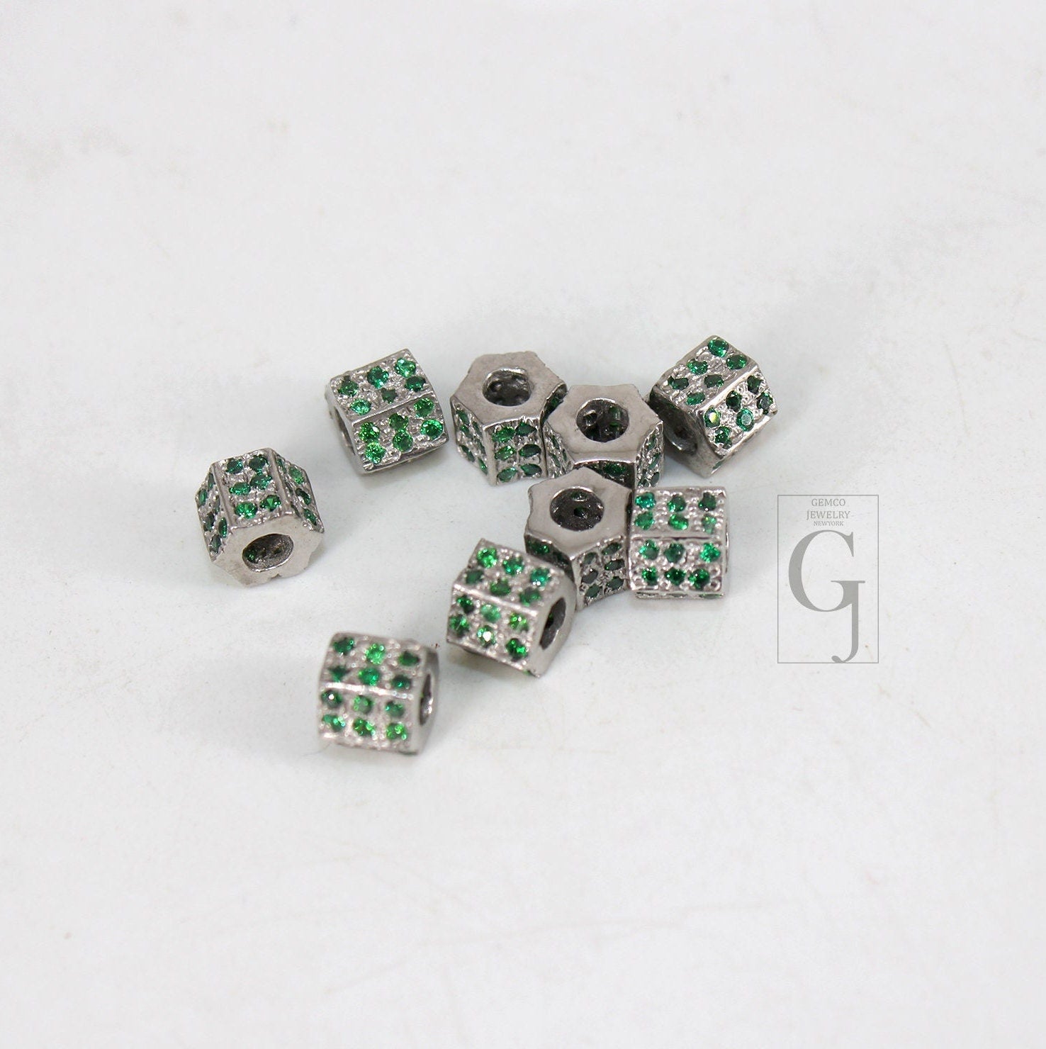 Pave Rosecut Emerald Color Stone 925 Sterling Silver Handmade Pave Emerald Green Stone Rondelles / Bead 6mm 3 Line Diamond Design Spacers