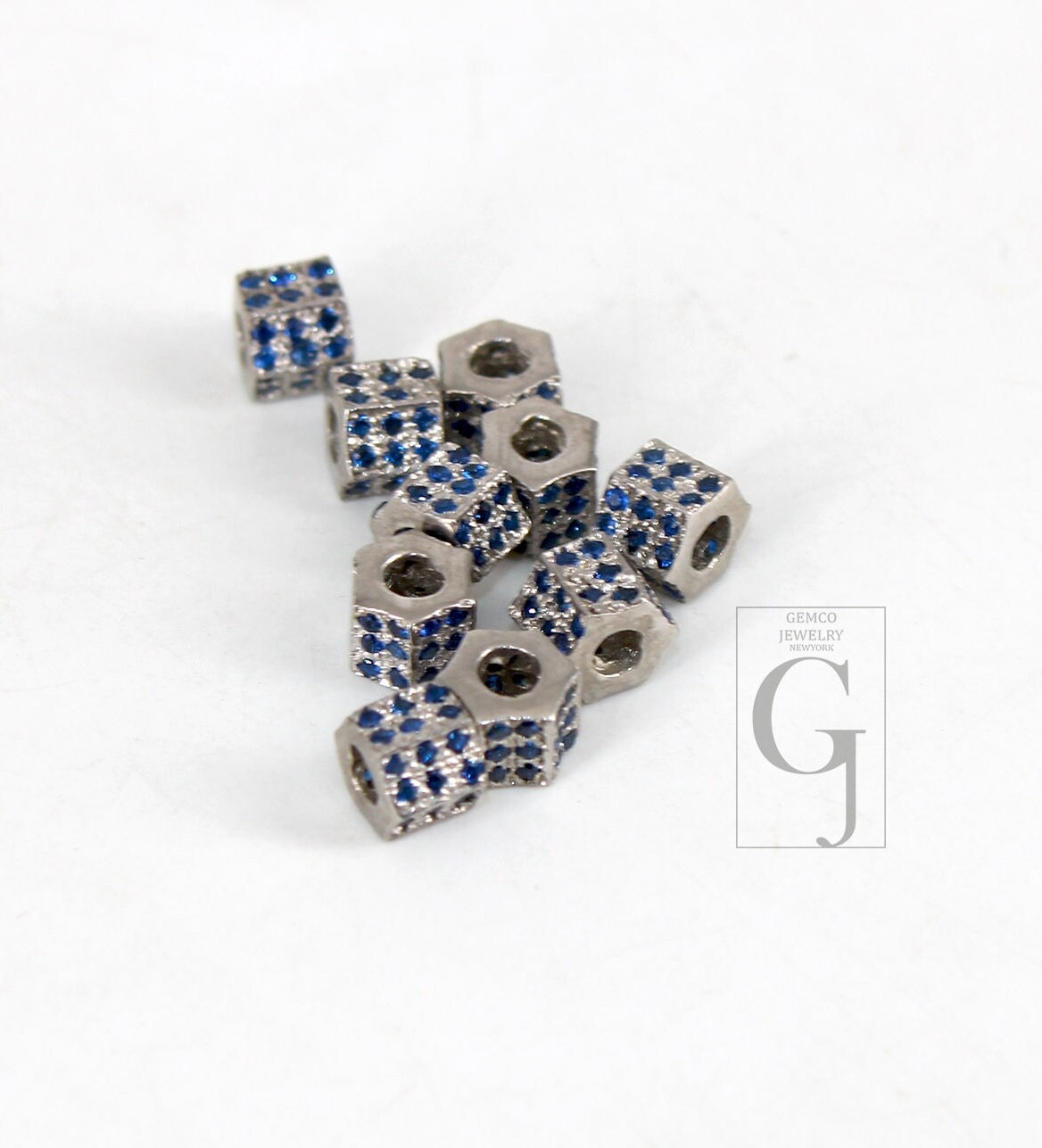 Pave Rosecut Sapphire Color Stone 925 Sterling Silver Handmade Pave Sapphire Blue Stone Rondelles / Bead 6mm 3 Line Diamond Design Spacers