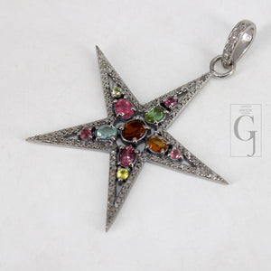 Multi tourmaline star pendant designer Rosecut pave diamond pendant 925 sterling silver handmade finish diamond charms necklace pendant