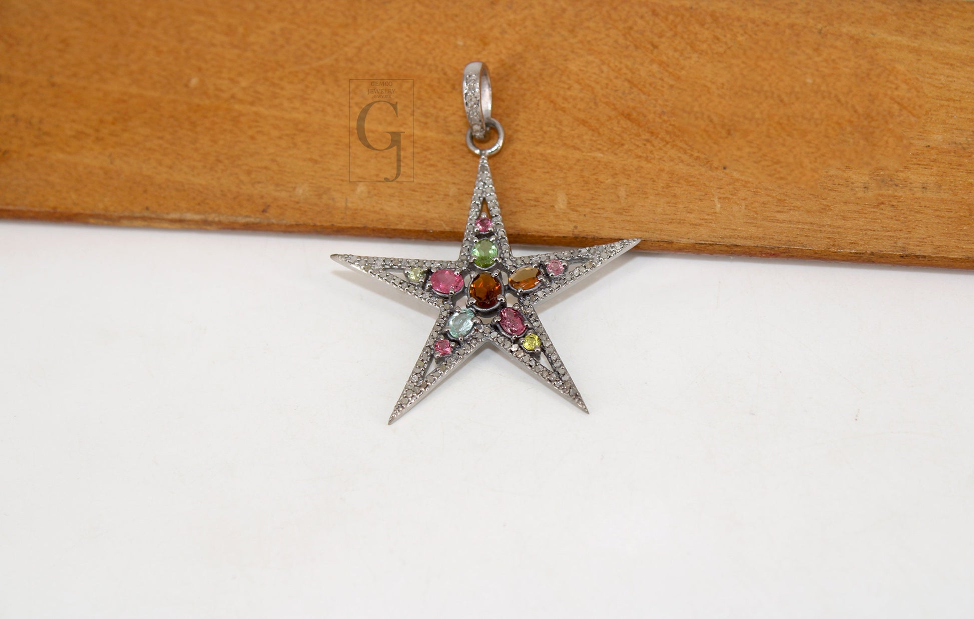 Multi tourmaline star pendant designer Rosecut pave diamond pendant 925 sterling silver handmade finish diamond charms necklace pendant