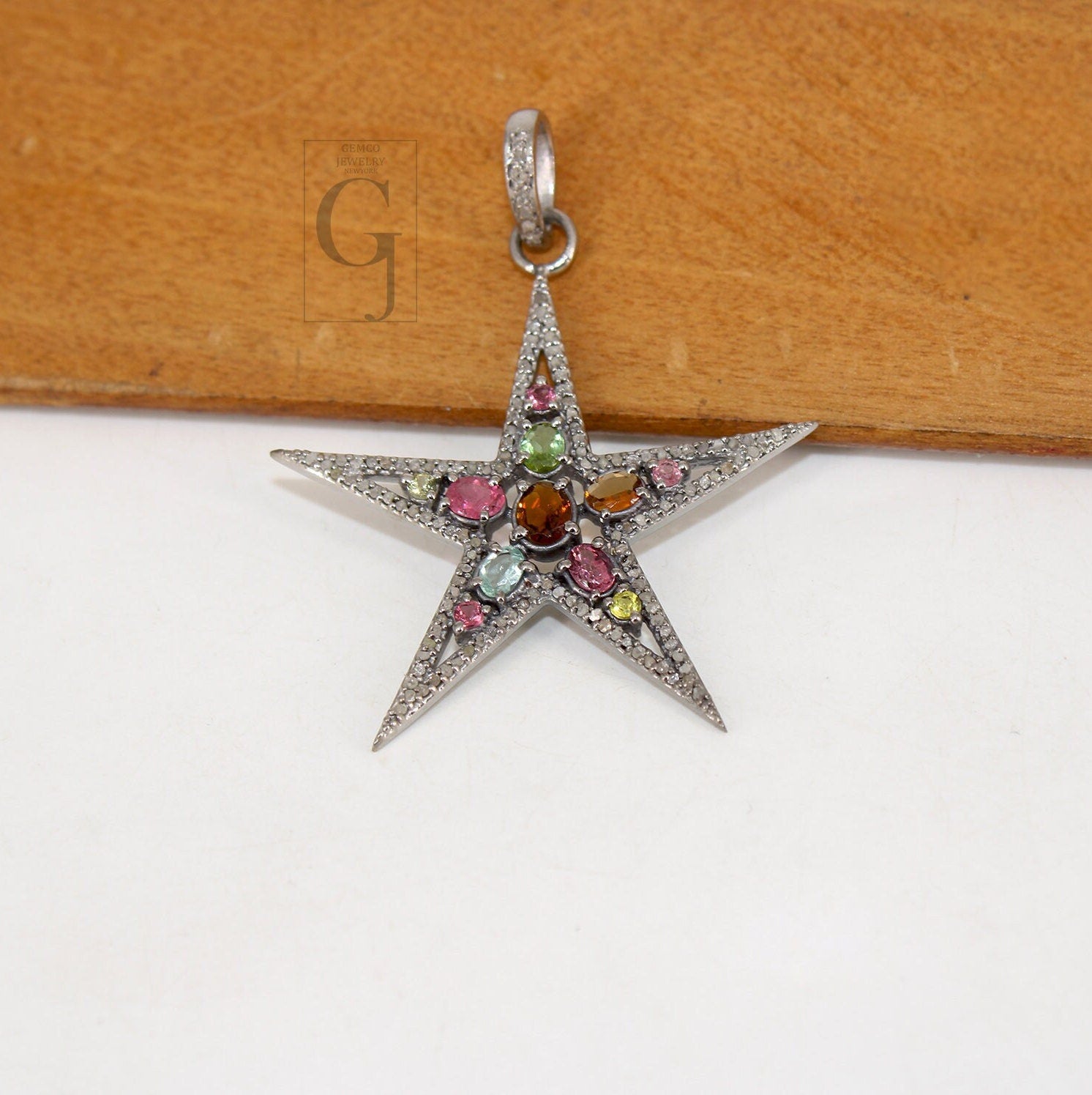 Multi tourmaline star pendant designer Rosecut pave diamond pendant 925 sterling silver handmade finish diamond charms necklace pendant