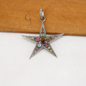 Multi tourmaline star pendant designer Rosecut pave diamond pendant 925 sterling silver handmade finish diamond charms necklace pendant