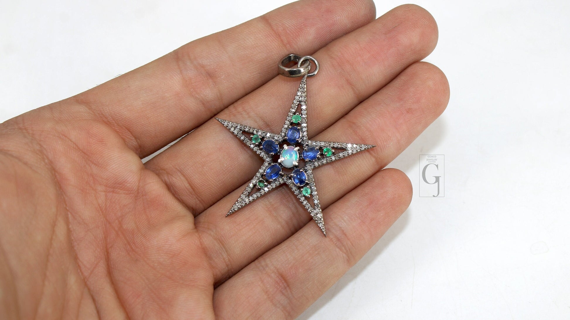Opal  Emerald Kyanite Star Pendant Designer Rosecut Pave Diamond Pendant 925 Sterling Silver Handmade Finish Diamond Charms Necklace Pendant