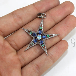 Opal  Emerald Kyanite Star Pendant Designer Rosecut Pave Diamond Pendant 925 Sterling Silver Handmade Finish Diamond Charms Necklace Pendant