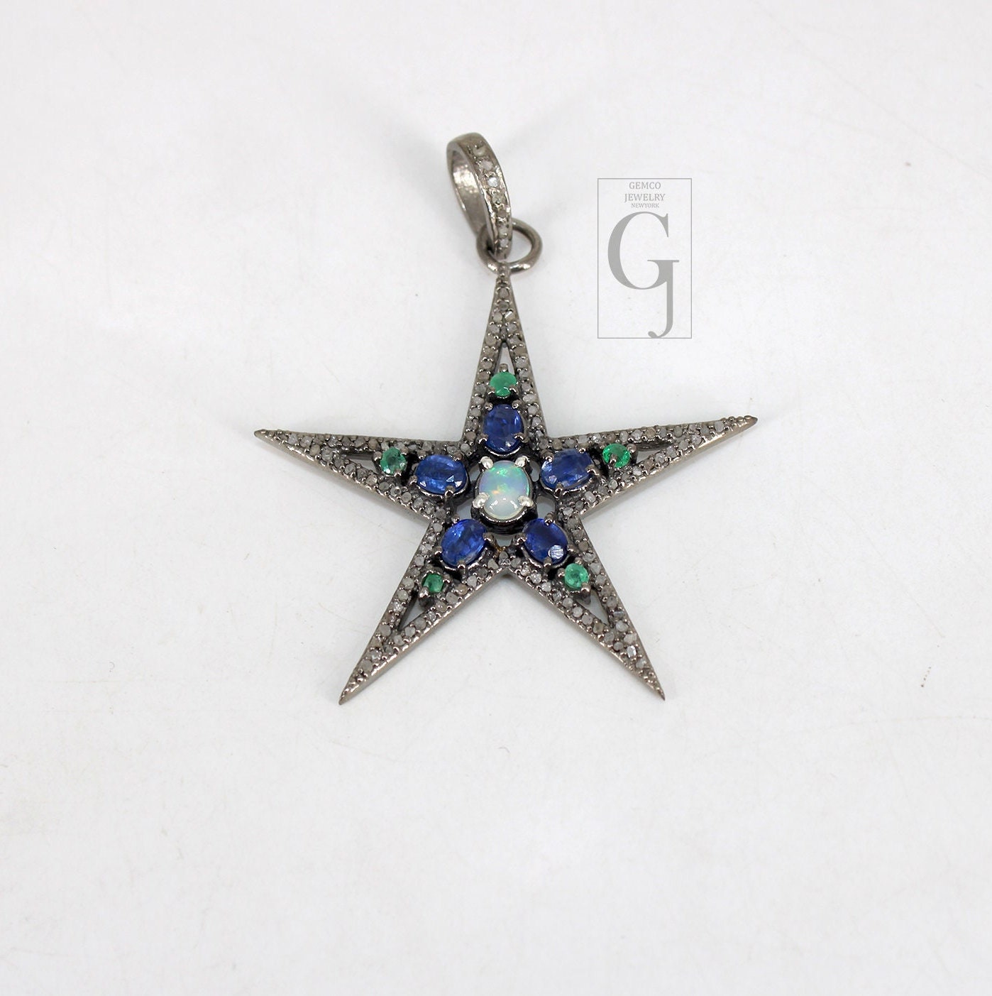 Opal  Emerald Kyanite Star Pendant Designer Rosecut Pave Diamond Pendant 925 Sterling Silver Handmade Finish Diamond Charms Necklace Pendant