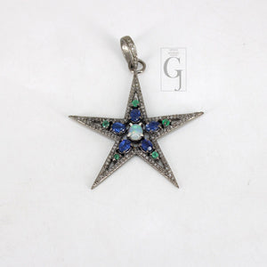 Opal  Emerald Kyanite Star Pendant Designer Rosecut Pave Diamond Pendant 925 Sterling Silver Handmade Finish Diamond Charms Necklace Pendant