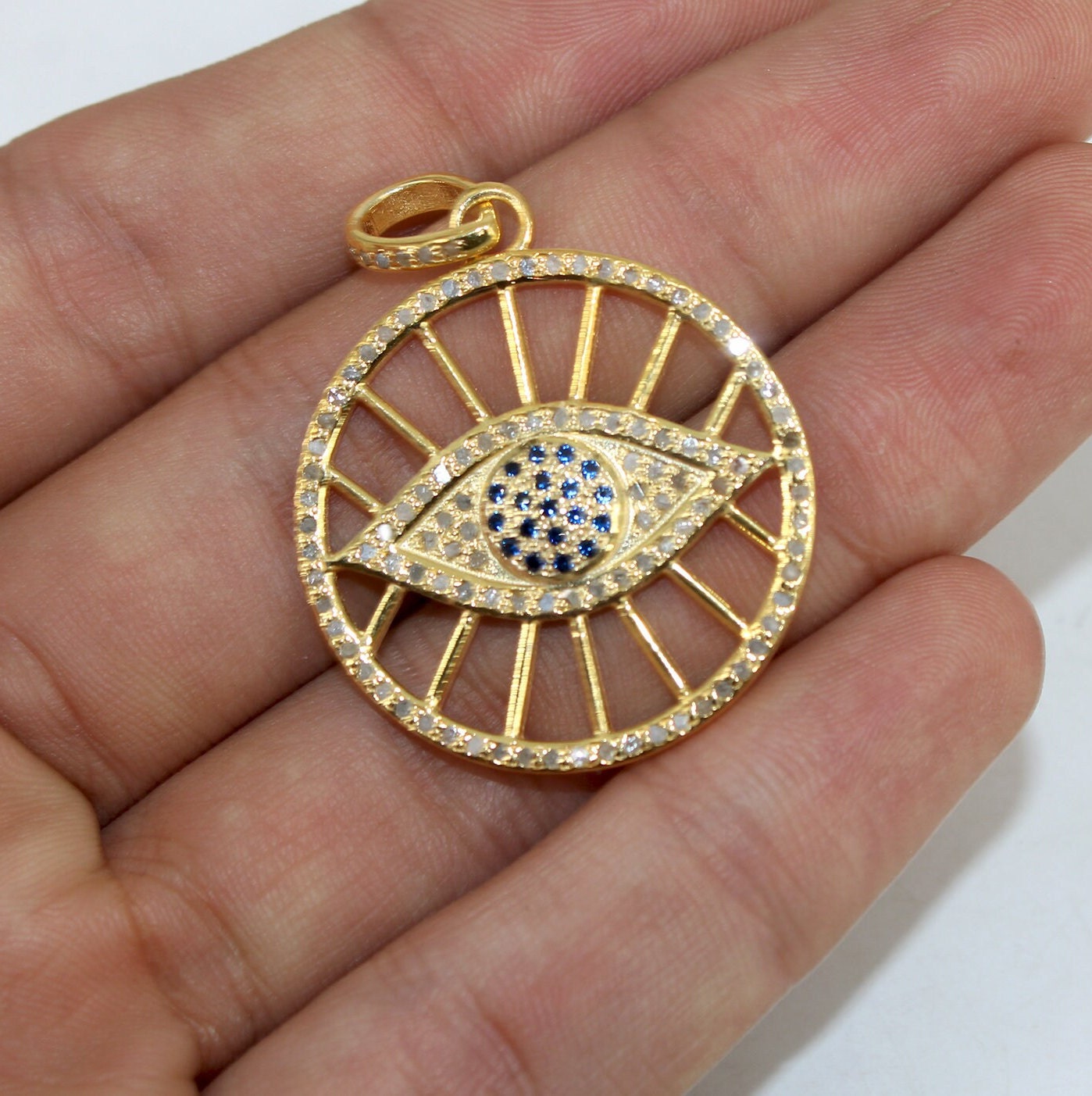 14k Gold Finish Evil Eye Pendant Designer Rosecut Pave Diamond Pendant 925 Sterling Silver Handmade Finish Diamond Charms Necklace Pendant